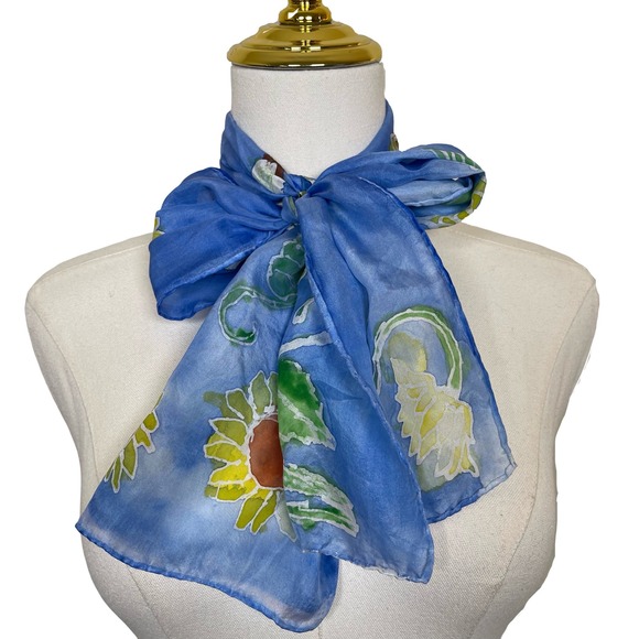 Vintage Hand Painted Silk Neck Hair Purse Scarf Blue Sunflower Floral Boho Artsy - Picture 2 of 6